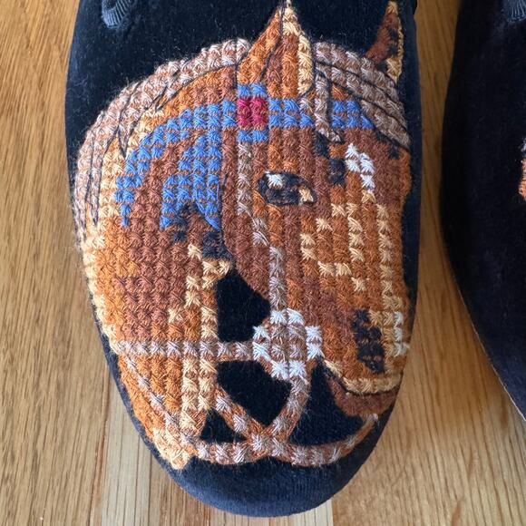 Stubbs & Wootton Black Velvet Needlepoint Horse Equestrian Loafer Flats Sz 8 - Picture 3 of 12